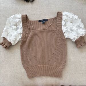 Brown Knit Top with White Floral Sleeves
